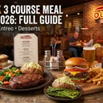 Three-course steakhouse meal with starter, entrée, and dessert on a restaurant table