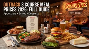 Three-course steakhouse meal with starter, entrée, and dessert on a restaurant table