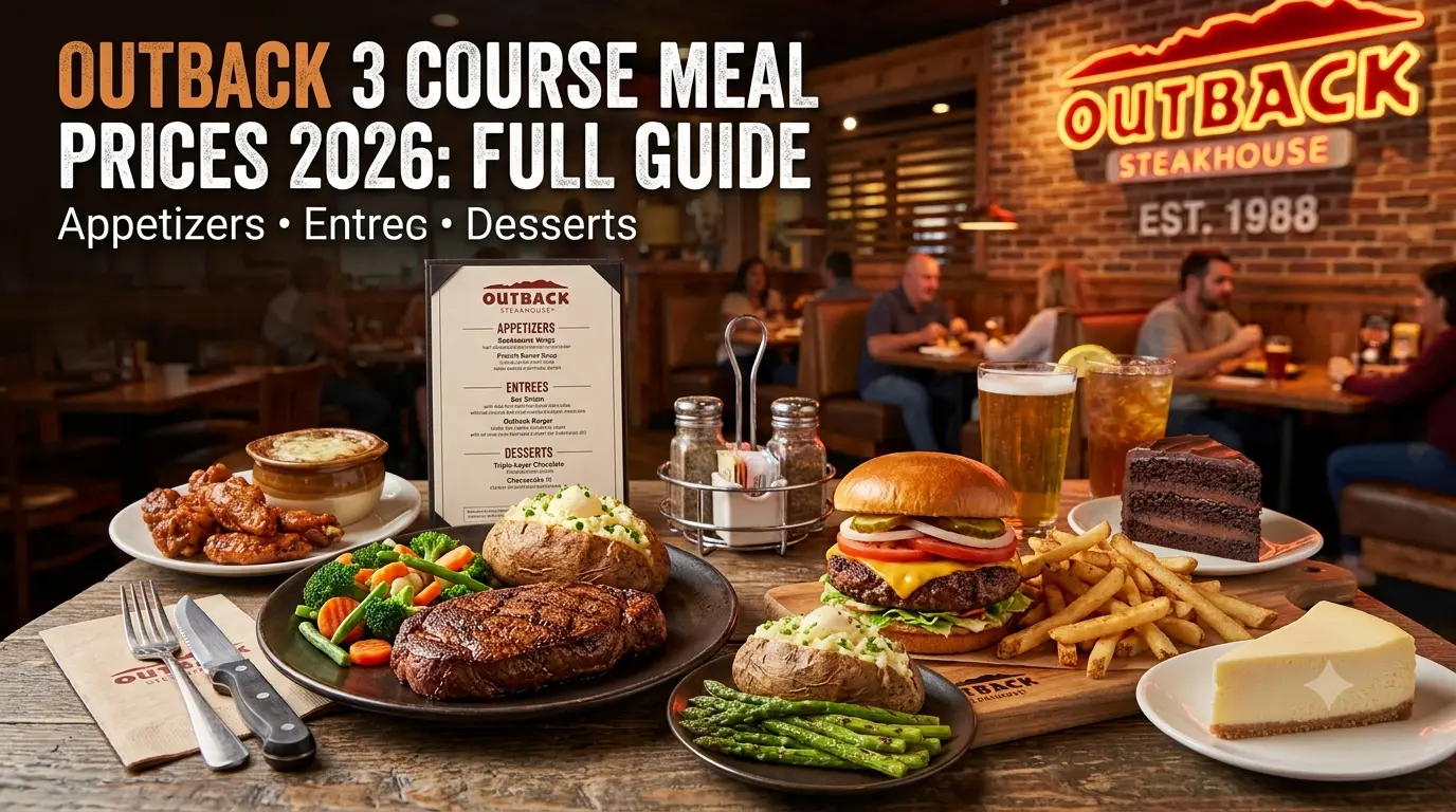 Three-course steakhouse meal with starter, entrée, and dessert on a restaurant table