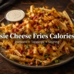 Loaded steakhouse-style cheese fries with bacon and ranch beside a 2026 calories guide title