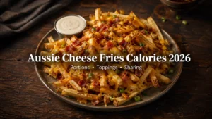Loaded steakhouse-style cheese fries with bacon and ranch beside a 2026 calories guide title