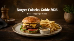 Steakhouse burger with cheese, fresh toppings, fries, and a calorie comparison theme