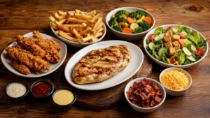 Chicken meal with grilled chicken, chicken tenders, fries, vegetables, salad, cheese, bacon, and dipping sauces