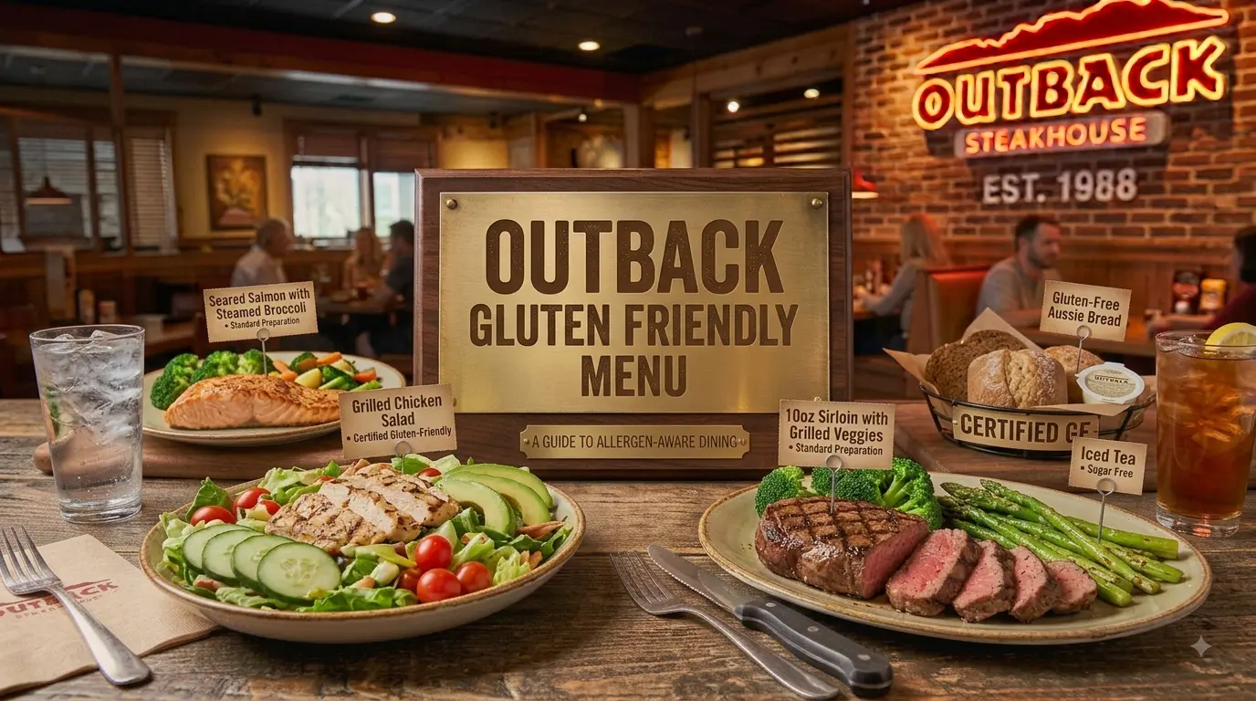 Gluten-friendly Outback meal options with steak, seafood, salad, and lighter sides