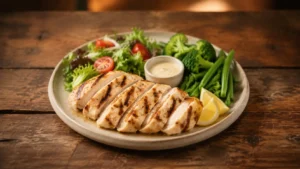 Grilled chicken options with vegetables, salad, lemon, and simple sauce choice