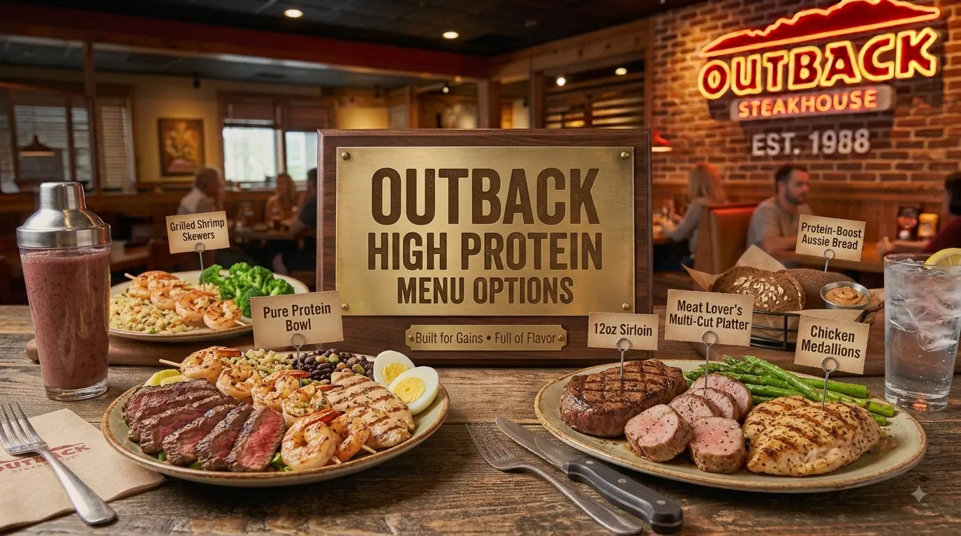 High protein Outback meal options with steak, chicken, seafood, and lighter sides