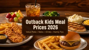 Outback kids meal price guide with chicken tenders, fries, fruit, drink, and family dining options