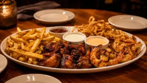 Lighter steakhouse appetizer options with grilled shrimp, salad, vegetables, and simple dipping sauce