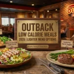 Low calorie Outback Steakhouse meal options with grilled chicken, salad, seafood, and lighter sides