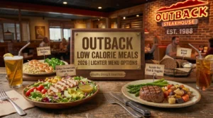 Low calorie Outback Steakhouse meal options with grilled chicken, salad, seafood, and lighter sides