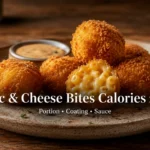 Golden fried mac and cheese bites with dipping sauce beside a 2026 calories guide title