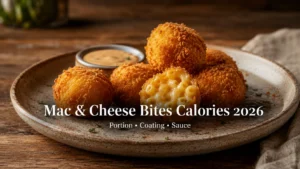 Golden fried mac and cheese bites with dipping sauce beside a 2026 calories guide title
