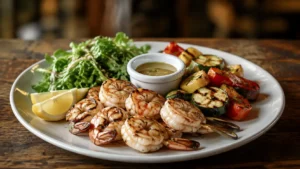 Shared steakhouse appetizer platter with fries, wings, shrimp, onion-style starter, and dipping sauces