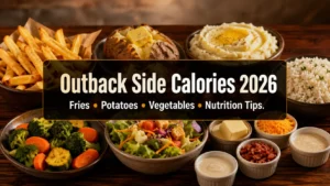 Outback side calories guide with fries, baked potato, vegetables, salad, sauces, and nutrition tips