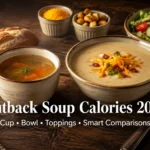 Steakhouse soups in a cup and bowl with bread, salad, toppings, and a 2026 calorie guide title