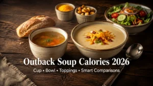 Steakhouse soups in a cup and bowl with bread, salad, toppings, and a 2026 calorie guide title