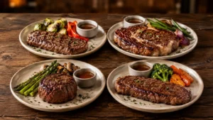 Steak cut comparison with sirloin, ribeye, filet-style steak, and New York strip-style steak