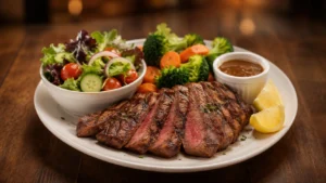 Grilled steak with lighter sides, vegetables, salad, and simple sauce choices